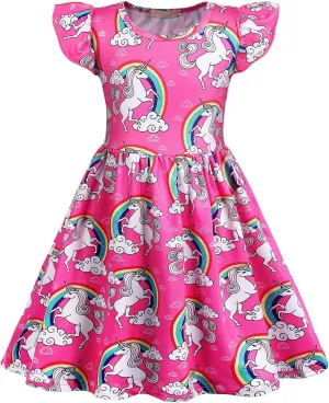 Benylion Girls Dresses Rainbow Unicorn Short Flutter Sleeve Skater Dress Mermaid Dress Kids Playwear for Girls 3-12 Years