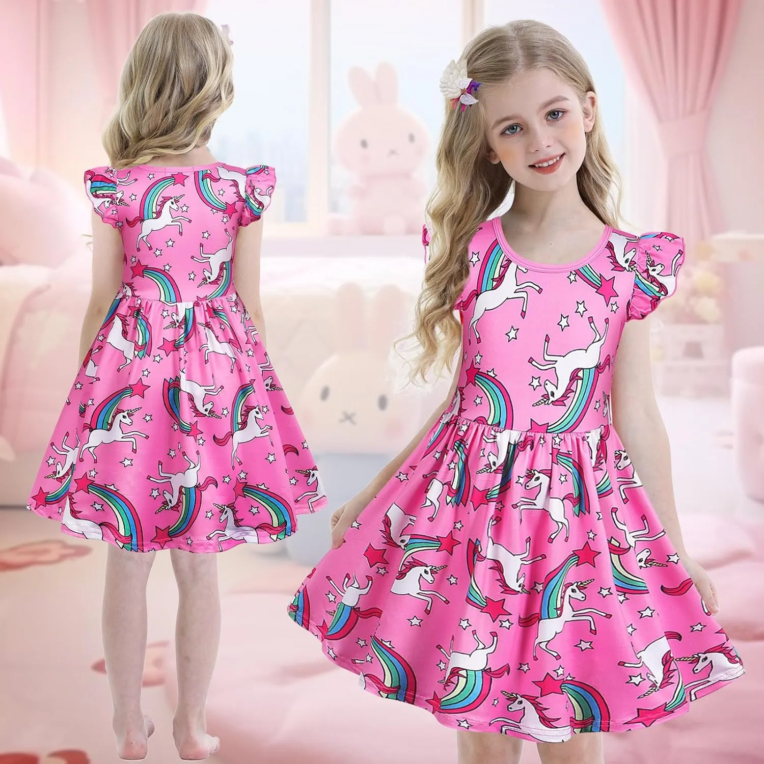 Benylion Girls Dresses Rainbow Unicorn Short Flutter Sleeve Skater Dress Mermaid Dress Kids Playwear for Girls 3-12 Years