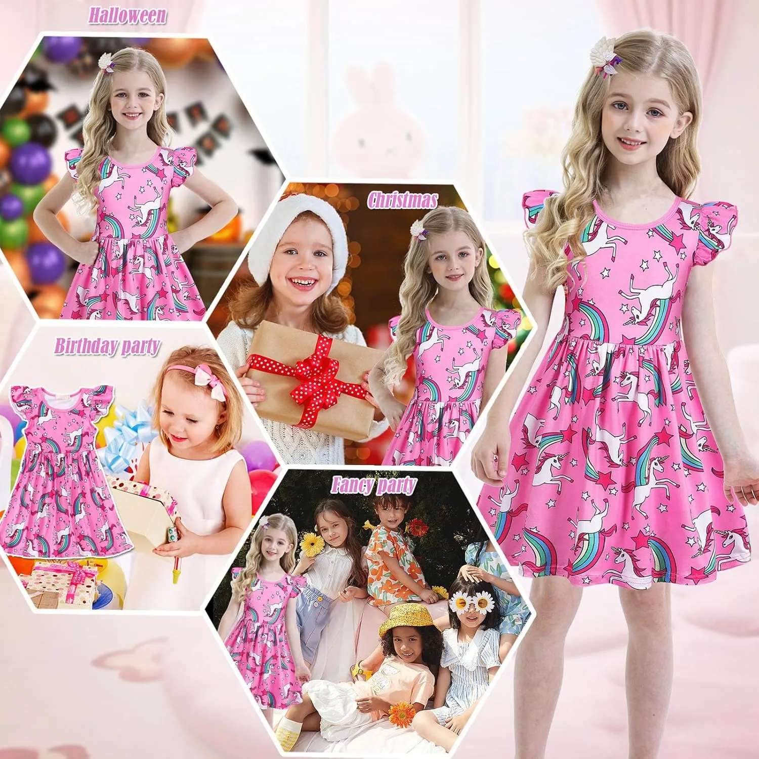 Benylion Girls Dresses Rainbow Unicorn Short Flutter Sleeve Skater Dress Mermaid Dress Kids Playwear for Girls 3-12 Years