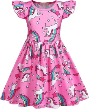 Benylion Girls Dresses Rainbow Unicorn Short Flutter Sleeve Skater Dress Mermaid Dress Kids Playwear for Girls 3-12 Years