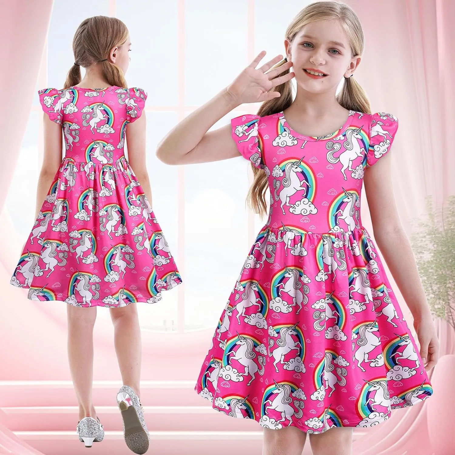 Benylion Girls Dresses Rainbow Unicorn Short Flutter Sleeve Skater Dress Mermaid Dress Kids Playwear for Girls 3-12 Years