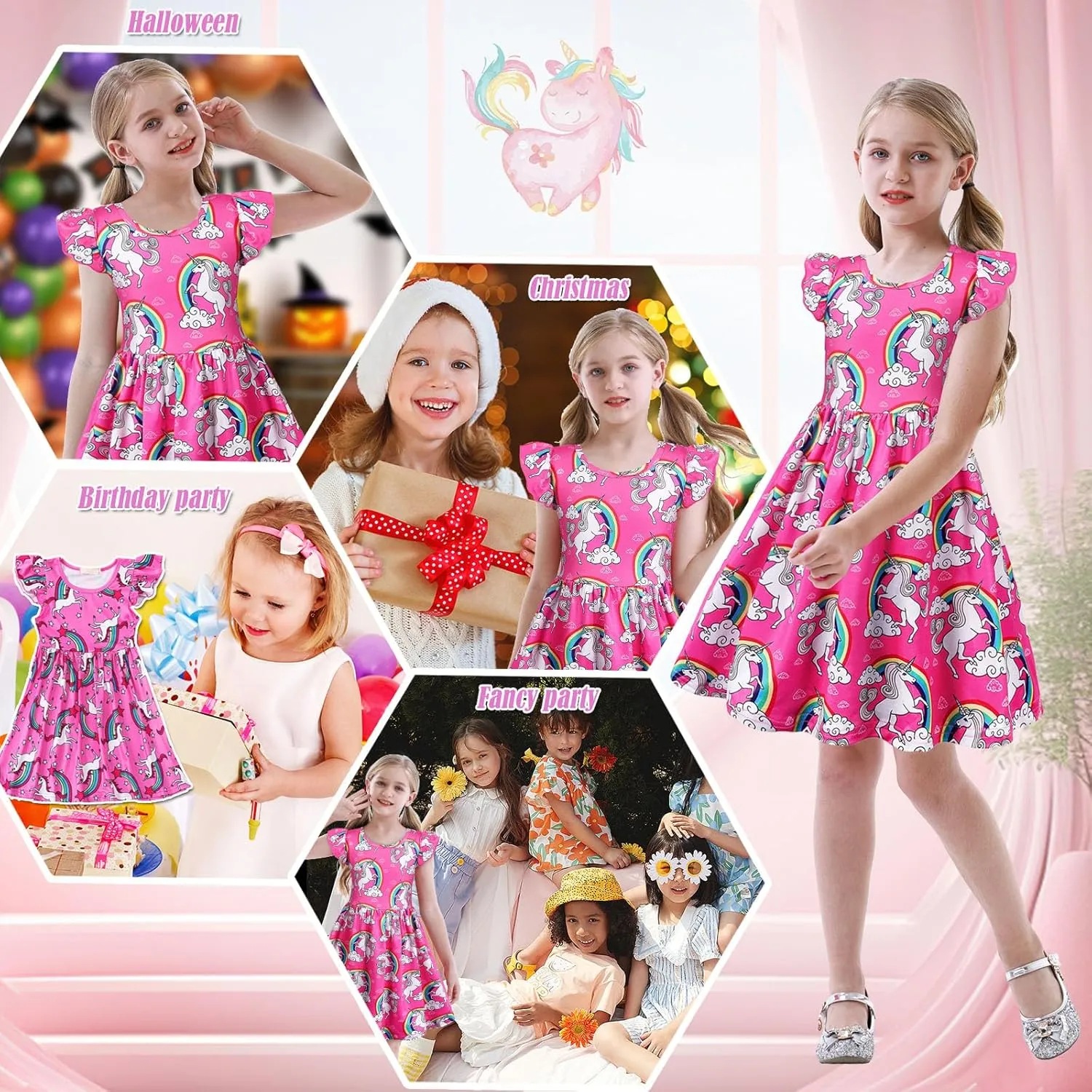 Benylion Girls Dresses Rainbow Unicorn Short Flutter Sleeve Skater Dress Mermaid Dress Kids Playwear for Girls 3-12 Years