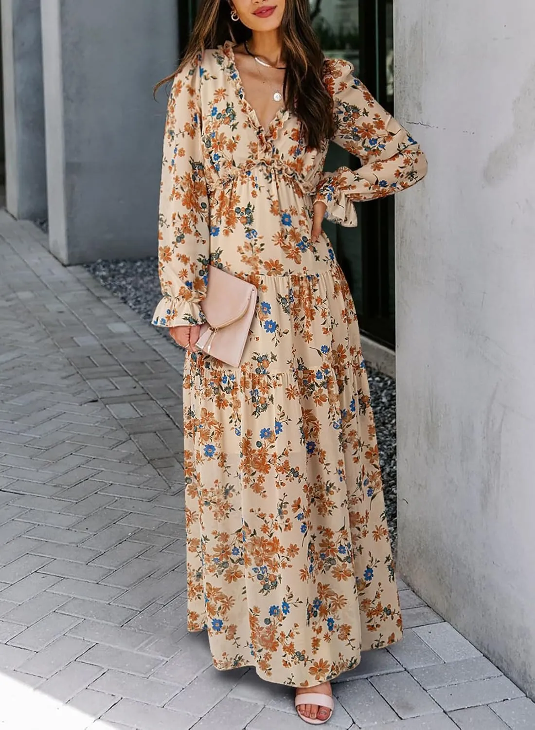 BLENCOT Womens Casual Boho Deep V Neck Short Sleeve Long Dress