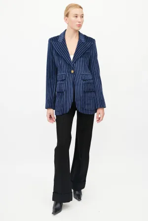 Blue Striped Velour Double Pocket Blazer