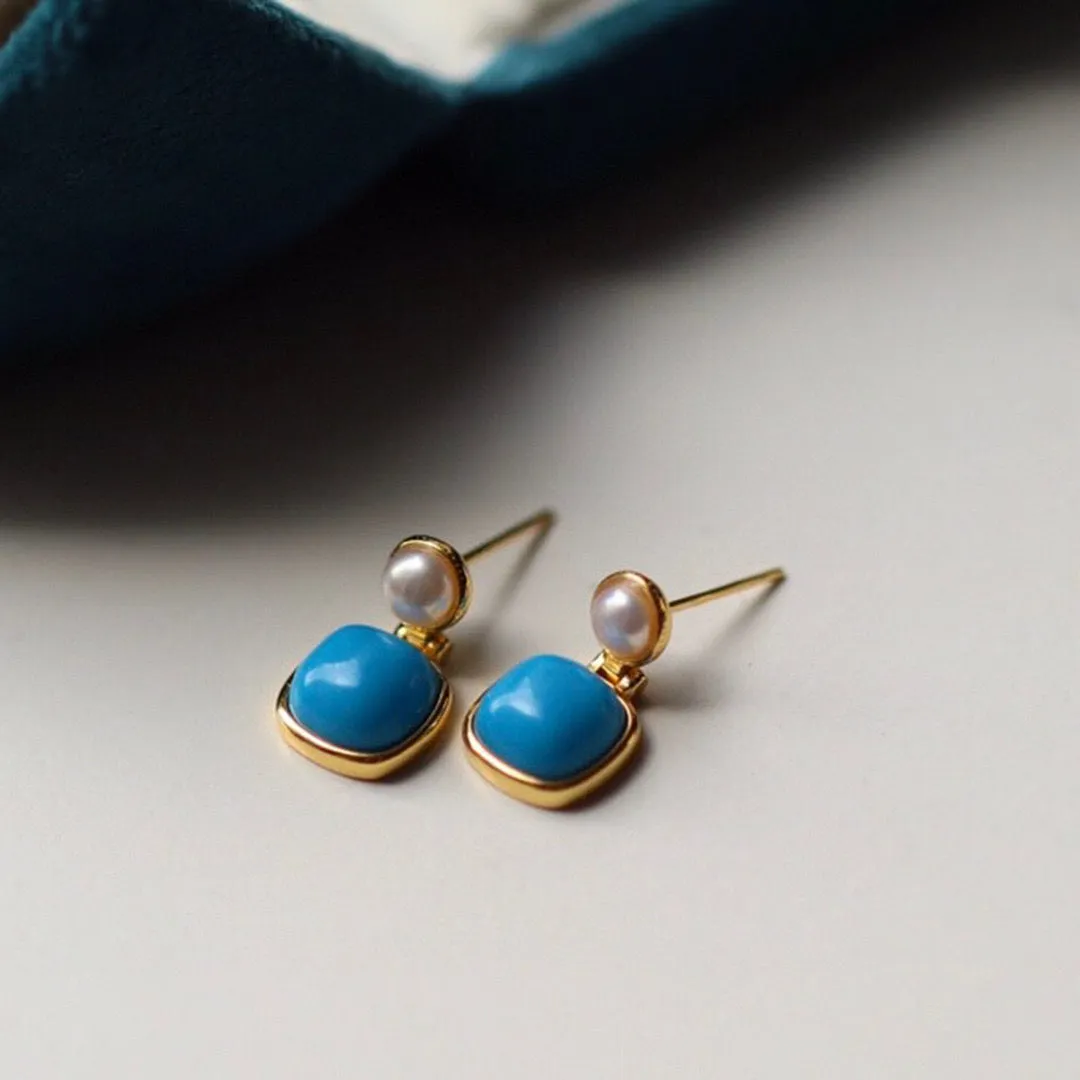 Blue Turquoise and Freshwater Pearl Drop Earrings