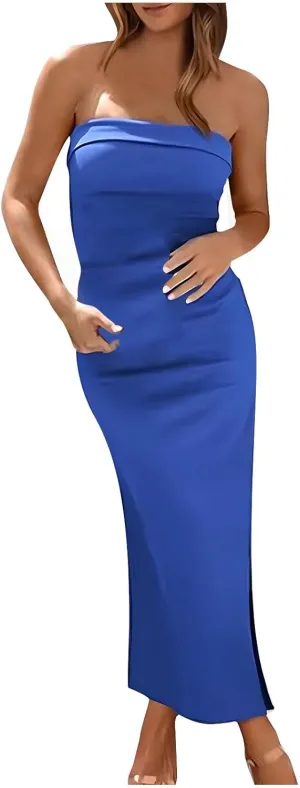Bodycon Dresses for Women Sexy Strapless Tube Top Dress Side Split HOCO Maxi Dresses 2024 Summer Wedding Guest Dress