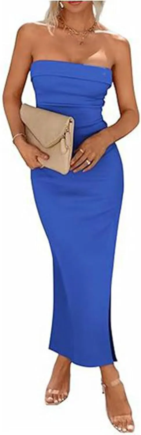 Bodycon Dresses for Women Sexy Strapless Tube Top Dress Side Split HOCO Maxi Dresses 2024 Summer Wedding Guest Dress