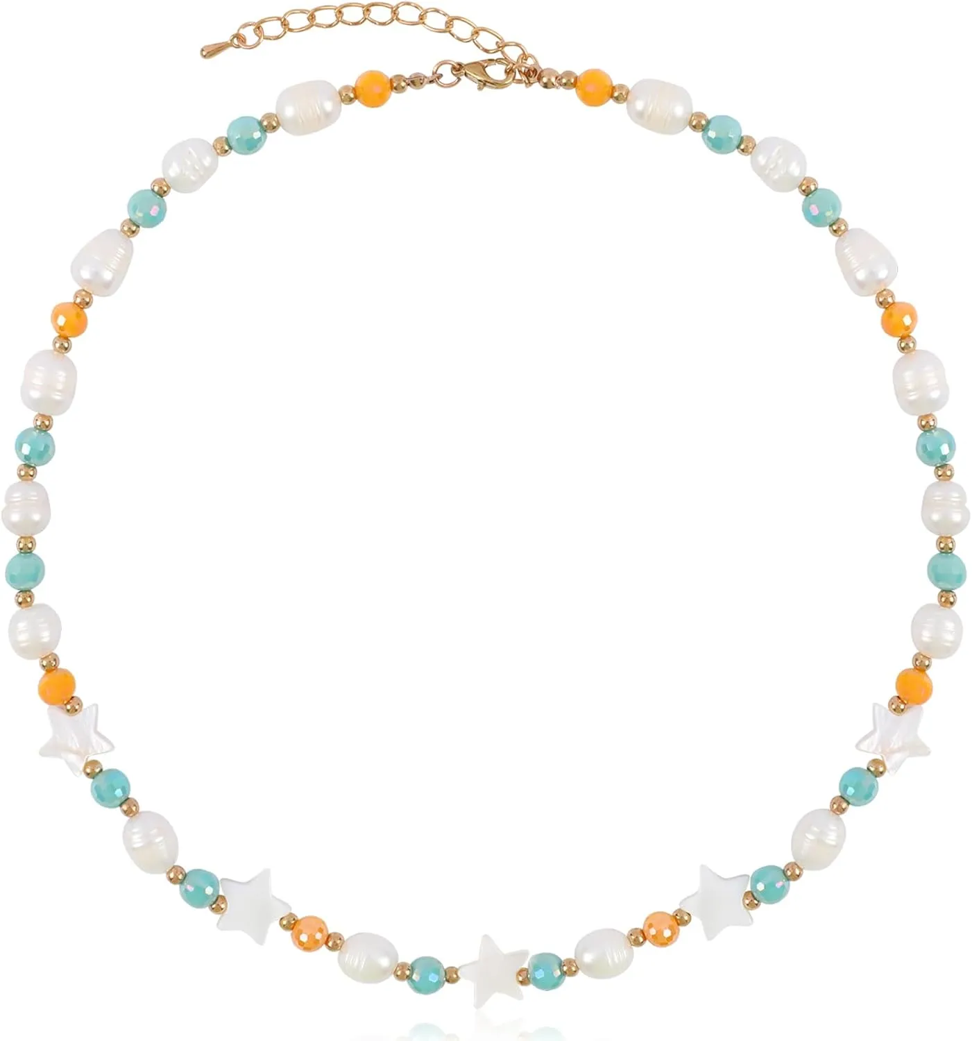 Bohemian Star Pearl Beaded Choker Necklace for Women Beaded Colorful Glass Beads Necklace Multicolor Y2K Statement Ocean Necklace Adjustable Boho Summer Beach Party Vacation Jewelry Gift for Women