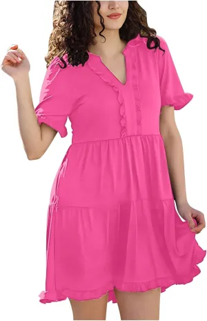 Boho Beach Dresses for Women 2025 Vacation Cute Doll Collar Pleated Flowy Ruffle Dress Summer Casual Swing Midi Dress