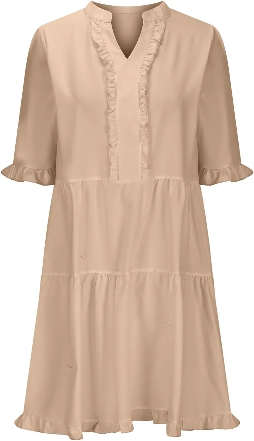 Boho Beach Dresses for Women 2025 Vacation Cute Doll Collar Pleated Flowy Ruffle Dress Summer Casual Swing Midi Dress