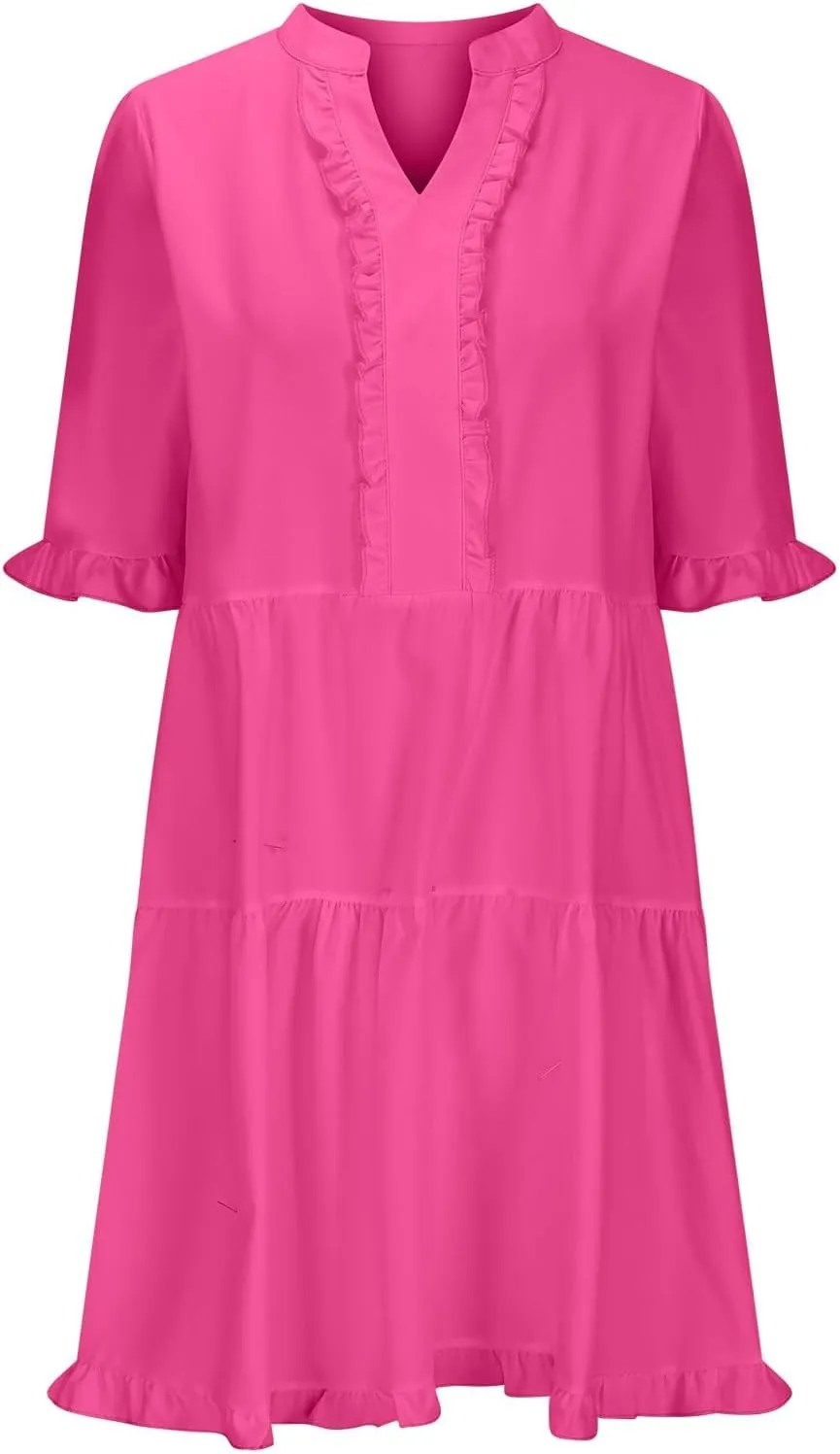 Boho Beach Dresses for Women 2025 Vacation Cute Doll Collar Pleated Flowy Ruffle Dress Summer Casual Swing Midi Dress