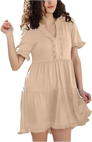 Boho Beach Dresses for Women 2025 Vacation Cute Doll Collar Pleated Flowy Ruffle Dress Summer Casual Swing Midi Dress