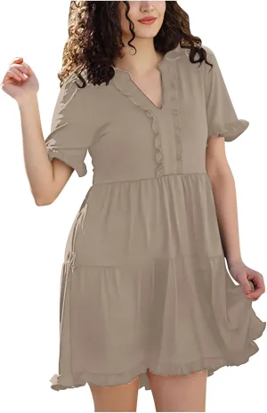 Boho Beach Dresses for Women 2025 Vacation Cute Doll Collar Pleated Flowy Ruffle Dress Summer Casual Swing Midi Dress