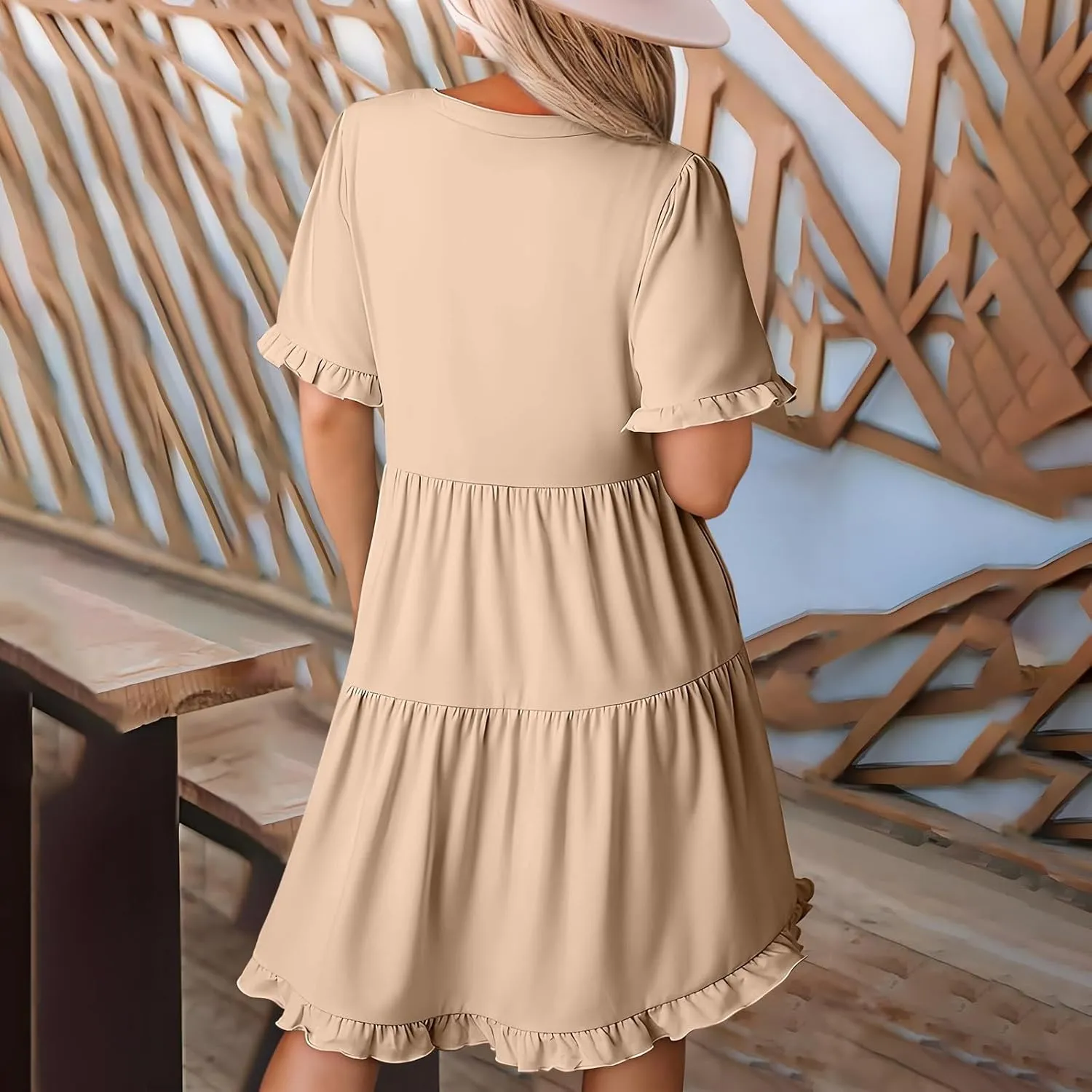 Boho Beach Dresses for Women 2025 Vacation Cute Doll Collar Pleated Flowy Ruffle Dress Summer Casual Swing Midi Dress