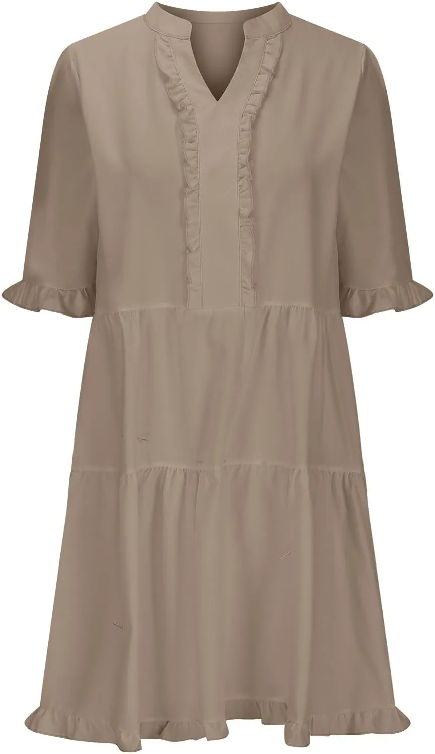 Boho Beach Dresses for Women 2025 Vacation Cute Doll Collar Pleated Flowy Ruffle Dress Summer Casual Swing Midi Dress