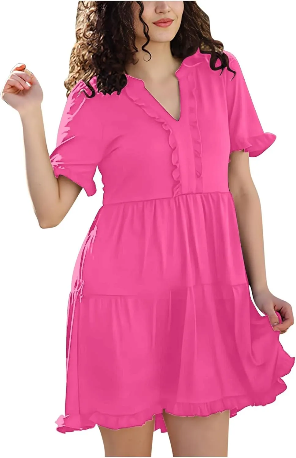 Boho Beach Dresses for Women 2025 Vacation Cute Doll Collar Pleated Flowy Ruffle Dress Summer Casual Swing Midi Dress