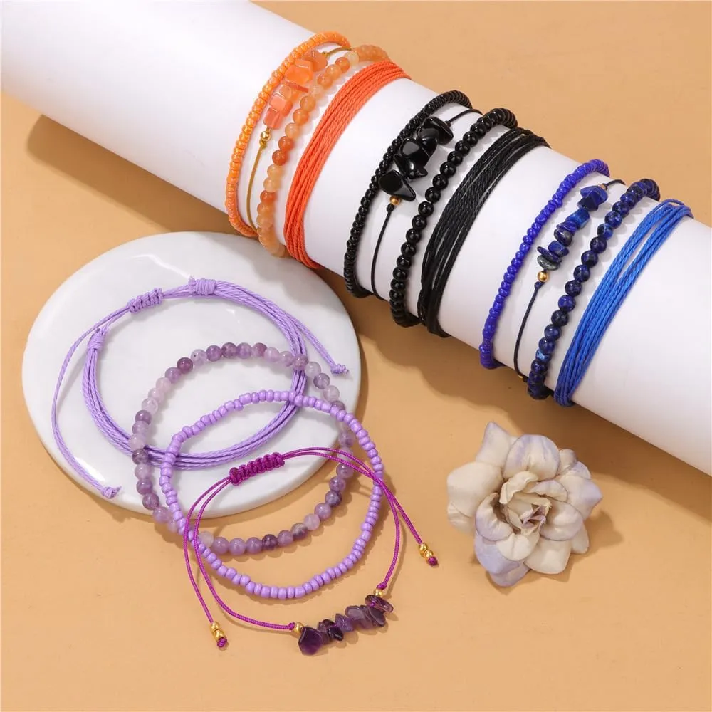 Boho Braided Beaded String Bracelets Handmade Adjustable Beaded Gemstone Bracelets Woven Stretch String Bracelets Set