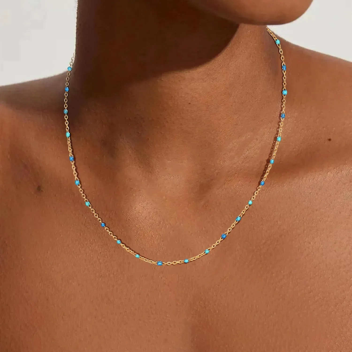 Boho Colorful Beaded Choker Necklace for Women, Rainbow Round Bead 14K Gold Plated Choker Necklace Simple Fresh Beads Beach Wedding Prom Bridal Jewelry