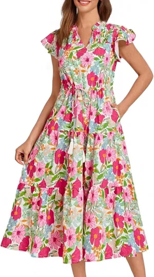 Boho Dresses for Women 2025 Elastic Ruffle Sleeve Tiered Midi Dress Summer Flowy Fringe Tie Holiday Floral T Shirt Dress