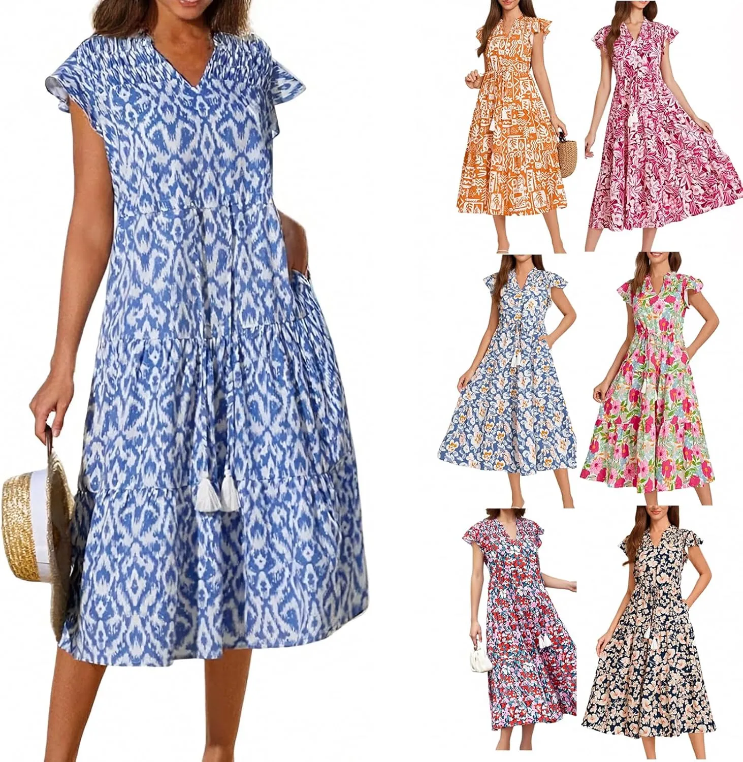 Boho Dresses for Women 2025 Elastic Ruffle Sleeve Tiered Midi Dress Summer Flowy Fringe Tie Holiday Floral T Shirt Dress