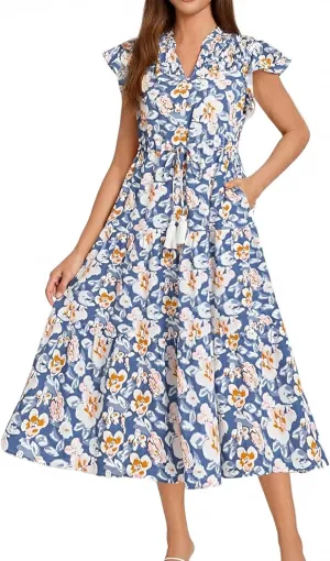 Boho Dresses for Women 2025 Elastic Ruffle Sleeve Tiered Midi Dress Summer Flowy Fringe Tie Holiday Floral T Shirt Dress