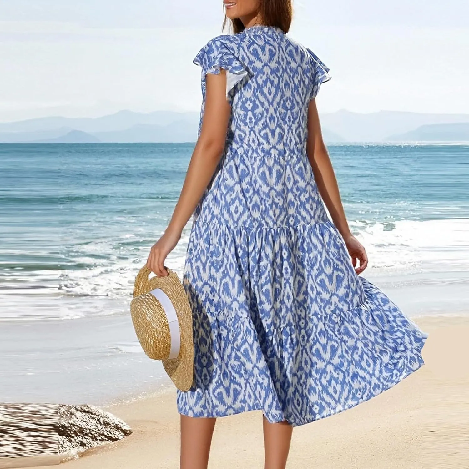 Boho Dresses for Women 2025 Elastic Ruffle Sleeve Tiered Midi Dress Summer Flowy Fringe Tie Holiday Floral T Shirt Dress