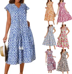 Boho Dresses for Women 2025 Elastic Ruffle Sleeve Tiered Midi Dress Summer Flowy Fringe Tie Holiday Floral T Shirt Dress