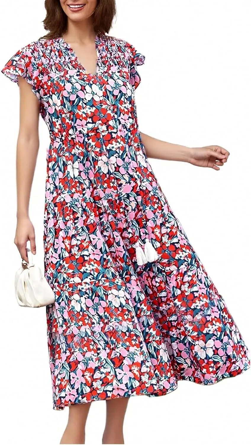 Boho Dresses for Women 2025 Elastic Ruffle Sleeve Tiered Midi Dress Summer Flowy Fringe Tie Holiday Floral T Shirt Dress