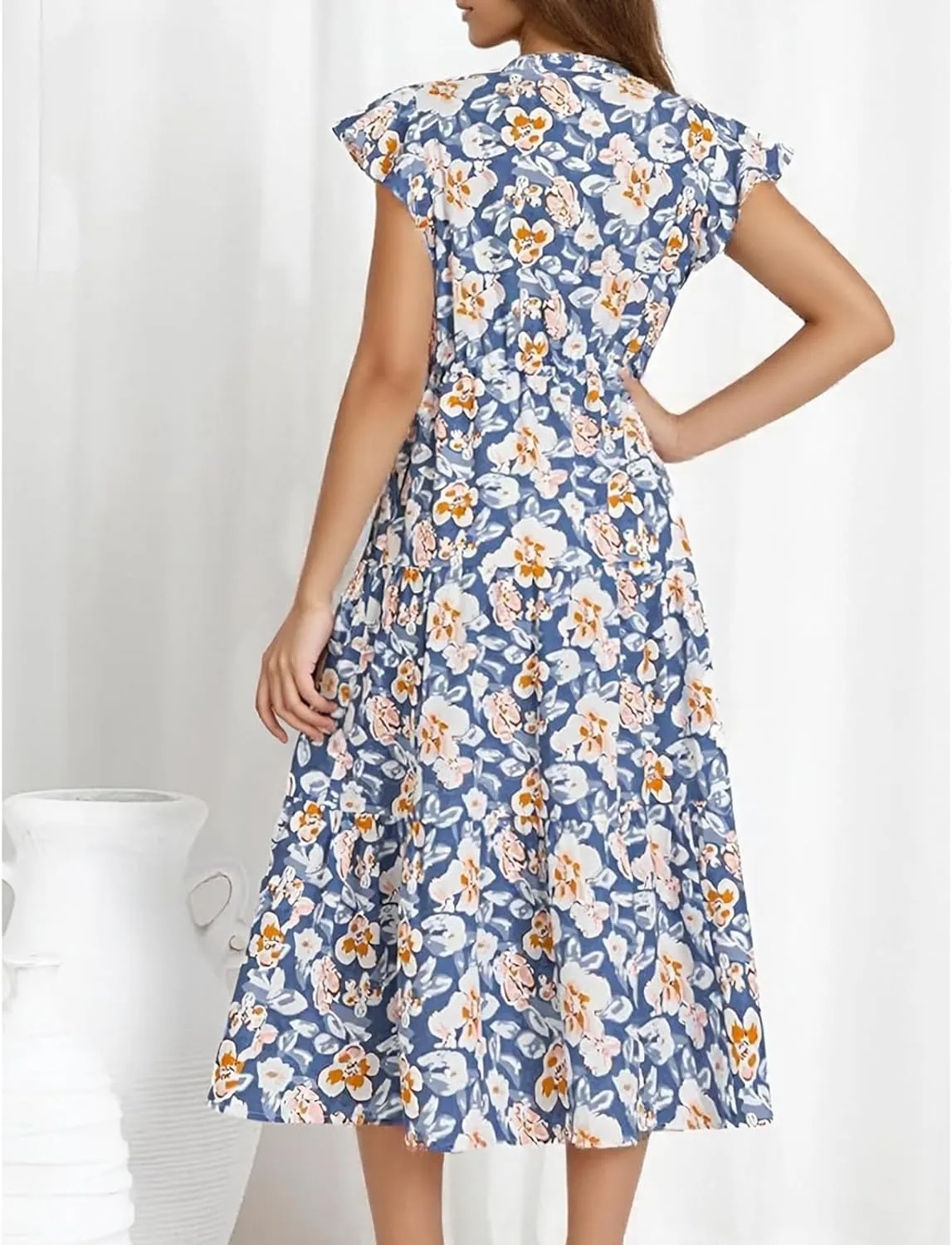 Boho Dresses for Women 2025 Elastic Ruffle Sleeve Tiered Midi Dress Summer Flowy Fringe Tie Holiday Floral T Shirt Dress
