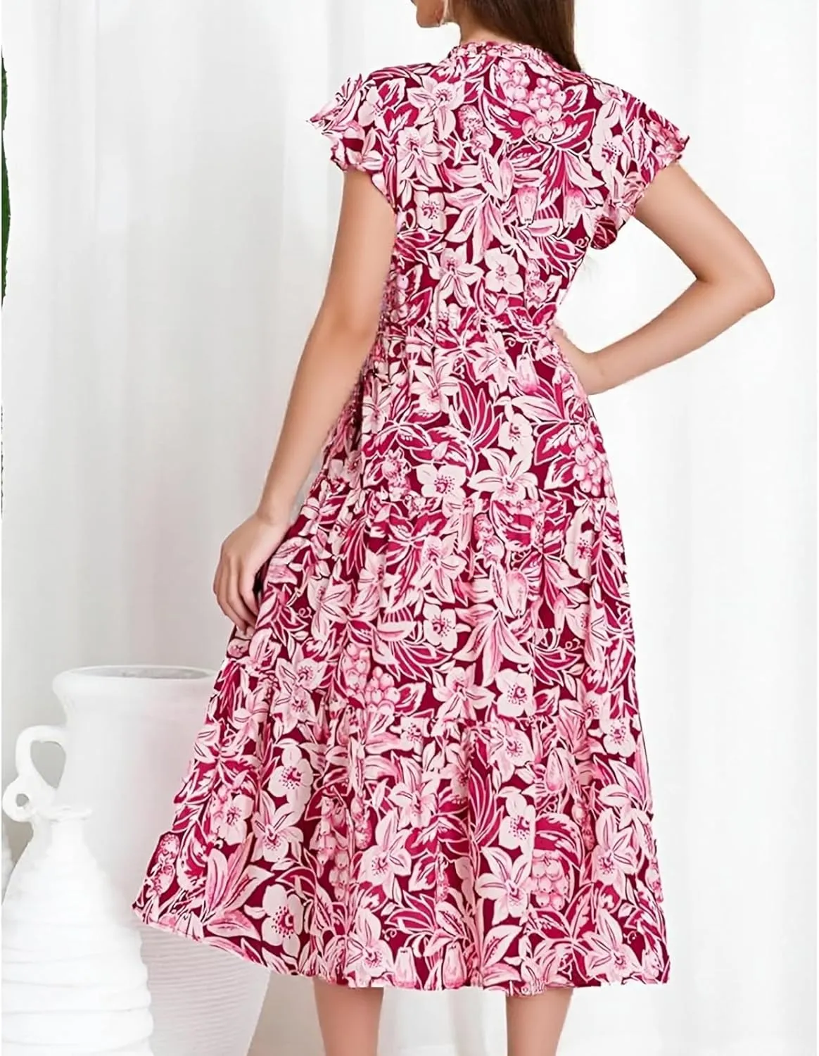 Boho Dresses for Women 2025 Elastic Ruffle Sleeve Tiered Midi Dress Summer Flowy Fringe Tie Holiday Floral T Shirt Dress