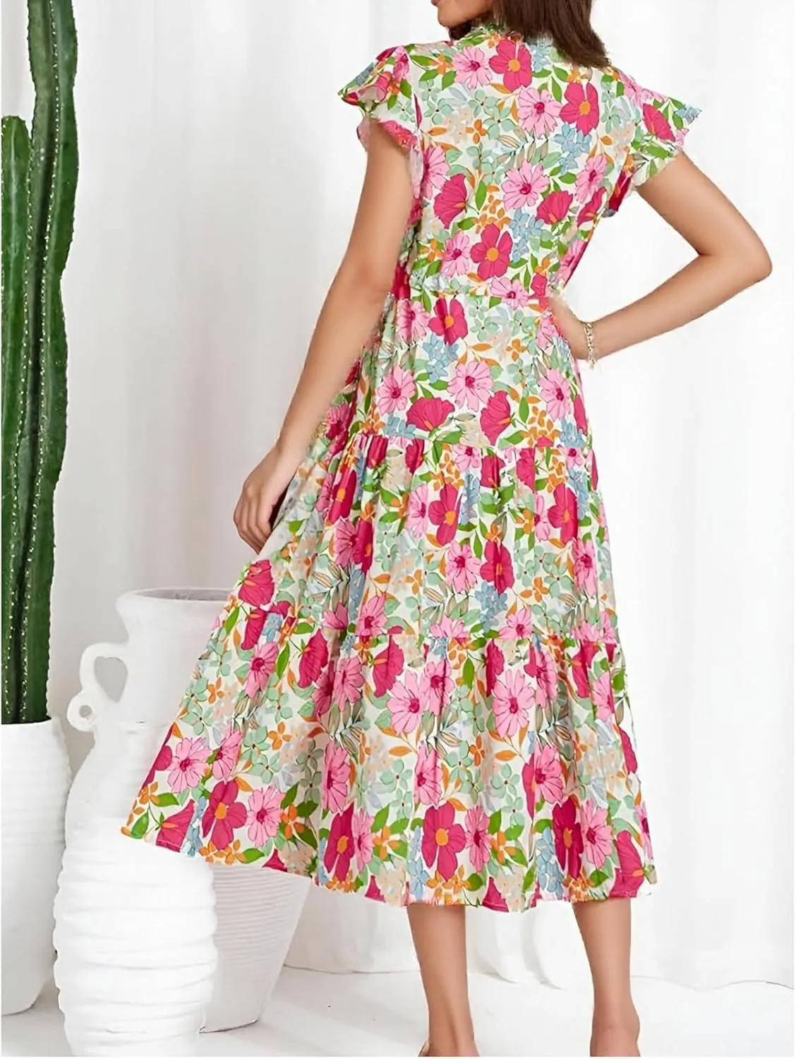 Boho Dresses for Women 2025 Elastic Ruffle Sleeve Tiered Midi Dress Summer Flowy Fringe Tie Holiday Floral T Shirt Dress