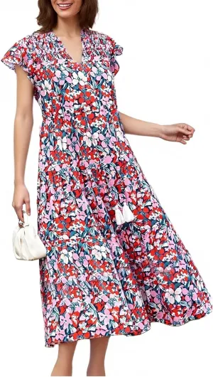 Boho Dresses for Women 2025 Elastic Ruffle Sleeve Tiered Midi Dress Summer Flowy Fringe Tie Holiday Floral T Shirt Dress