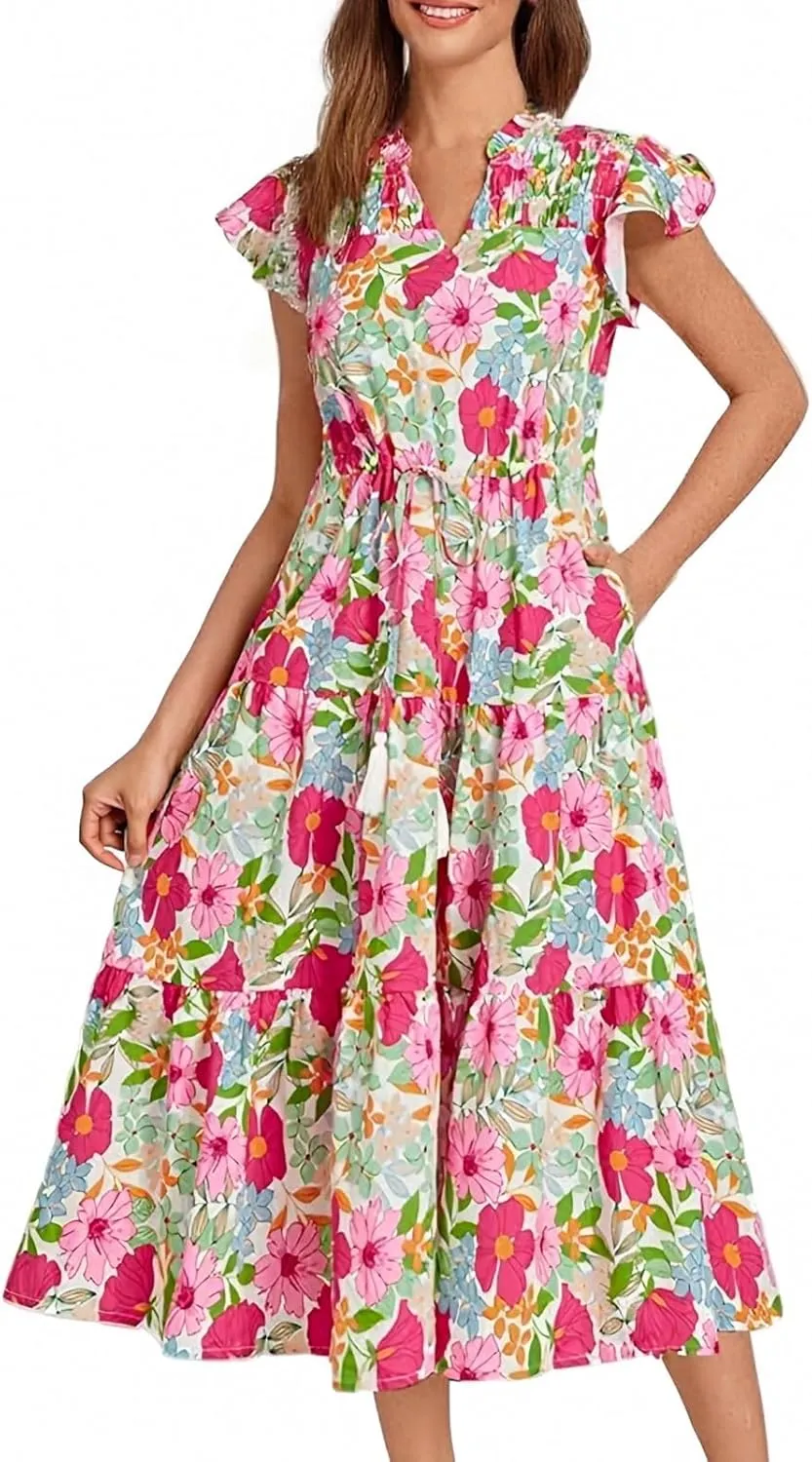 Boho Dresses for Women 2025 Elastic Ruffle Sleeve Tiered Midi Dress Summer Flowy Fringe Tie Holiday Floral T Shirt Dress