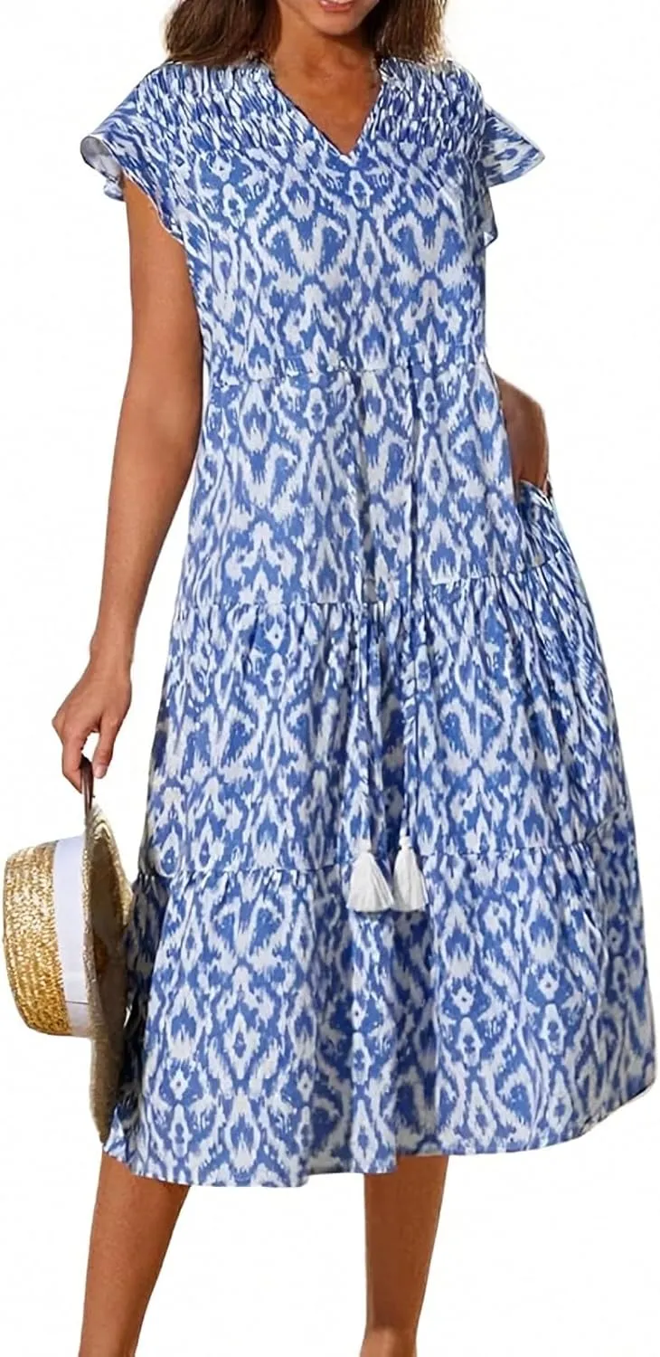 Boho Dresses for Women 2025 Elastic Ruffle Sleeve Tiered Midi Dress Summer Flowy Fringe Tie Holiday Floral T Shirt Dress