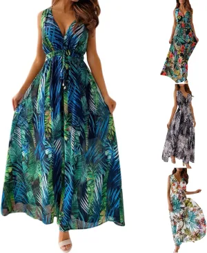 Boho Dresses for Women 2025 Summer Casual Floral Tropical Wrap Sleeveless High Waisted Sexy Flowy Beach Maxi Dresses