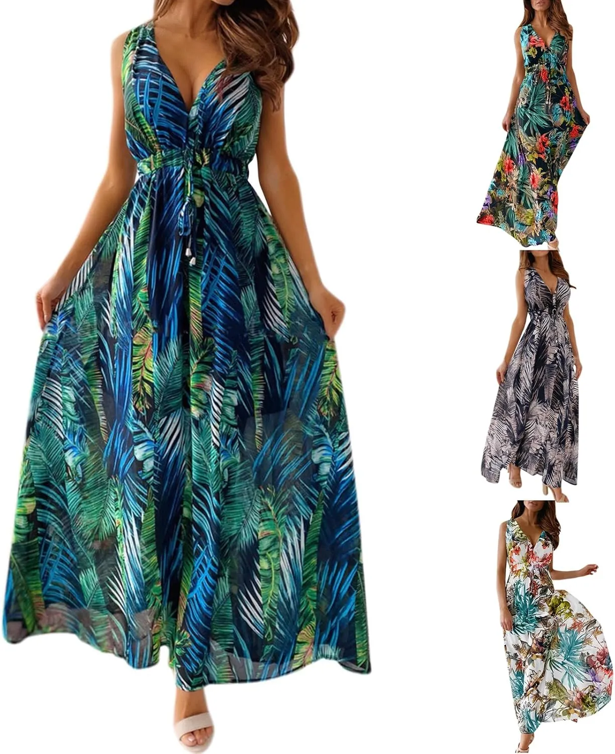 Boho Dresses for Women 2025 Summer Casual Floral Tropical Wrap Sleeveless High Waisted Sexy Flowy Beach Maxi Dresses