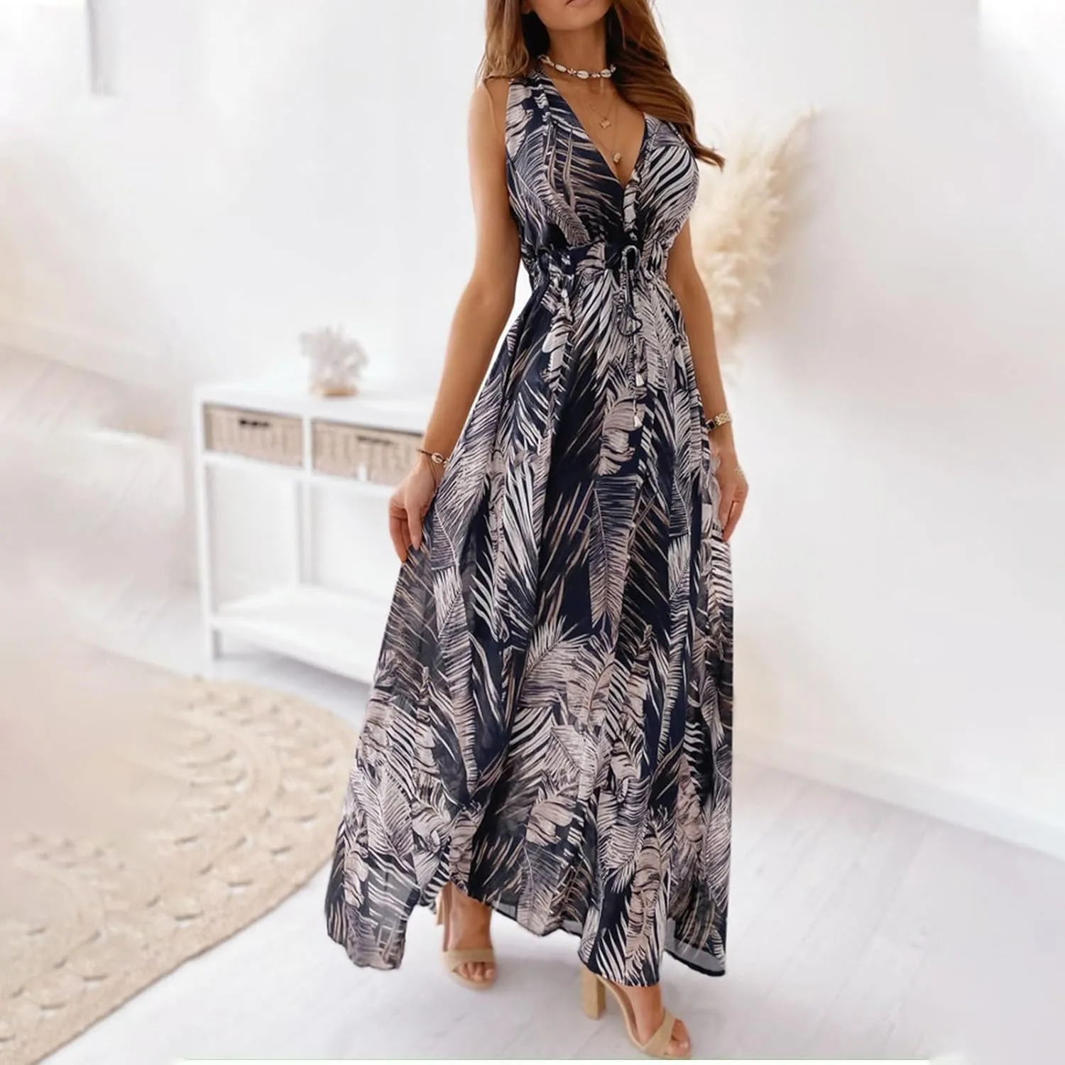 Boho Dresses for Women 2025 Summer Casual Floral Tropical Wrap Sleeveless High Waisted Sexy Flowy Beach Maxi Dresses
