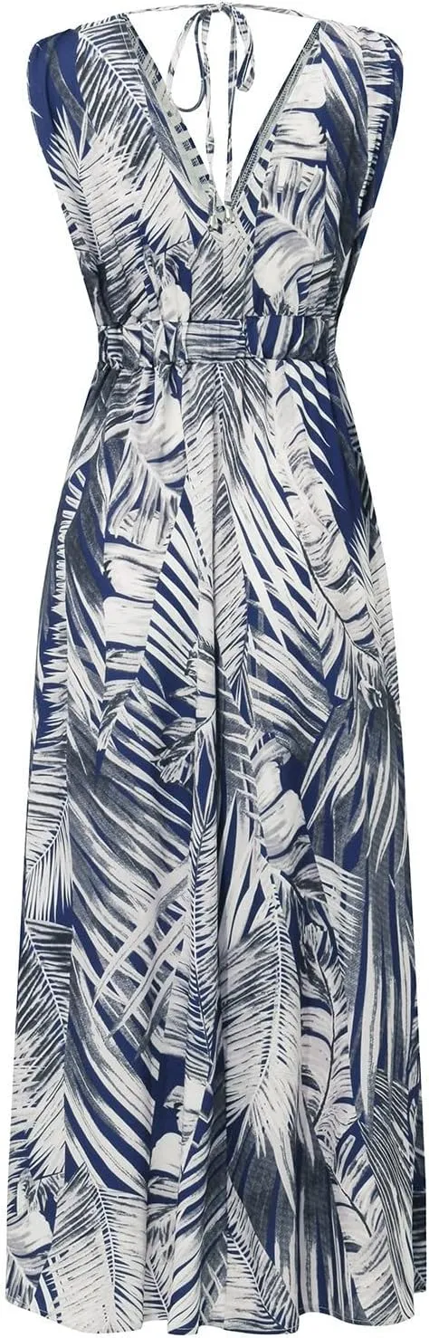 Boho Dresses for Women 2025 Summer Casual Floral Tropical Wrap Sleeveless High Waisted Sexy Flowy Beach Maxi Dresses