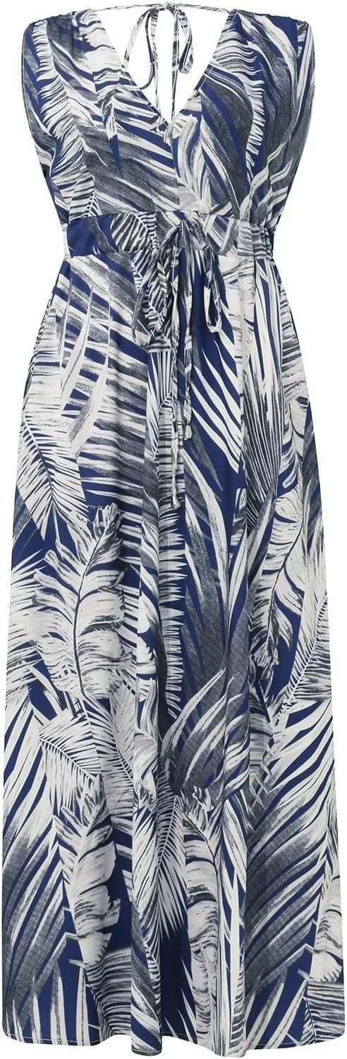 Boho Dresses for Women 2025 Summer Casual Floral Tropical Wrap Sleeveless High Waisted Sexy Flowy Beach Maxi Dresses