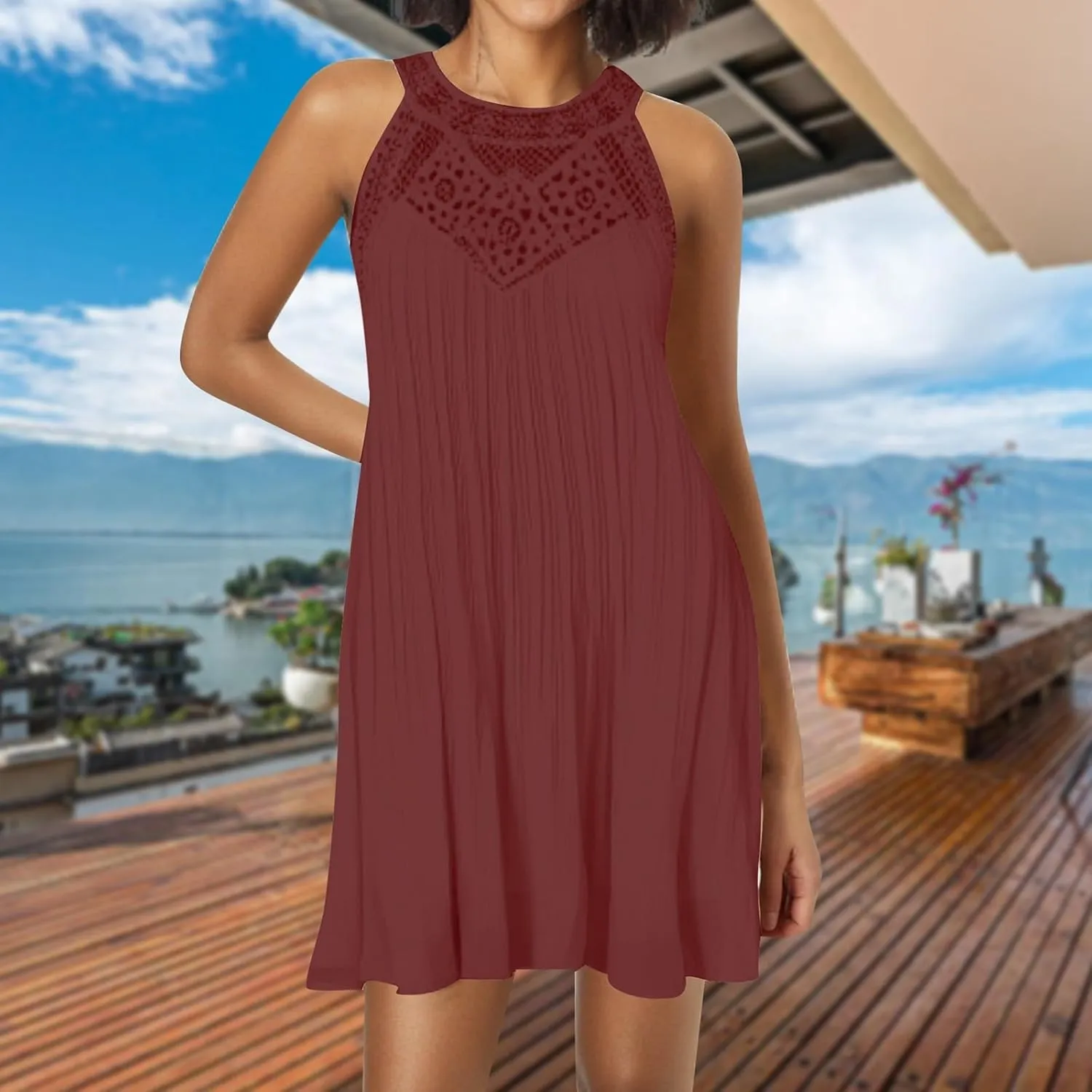 Boho Dresses for Women 2025 Summer Lace Crochet Halter Neck Dress Flowy Pleated Sundress Sleeveless Tank Mini Dress