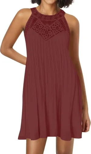 Boho Dresses for Women 2025 Summer Lace Crochet Halter Neck Dress Flowy Pleated Sundress Sleeveless Tank Mini Dress