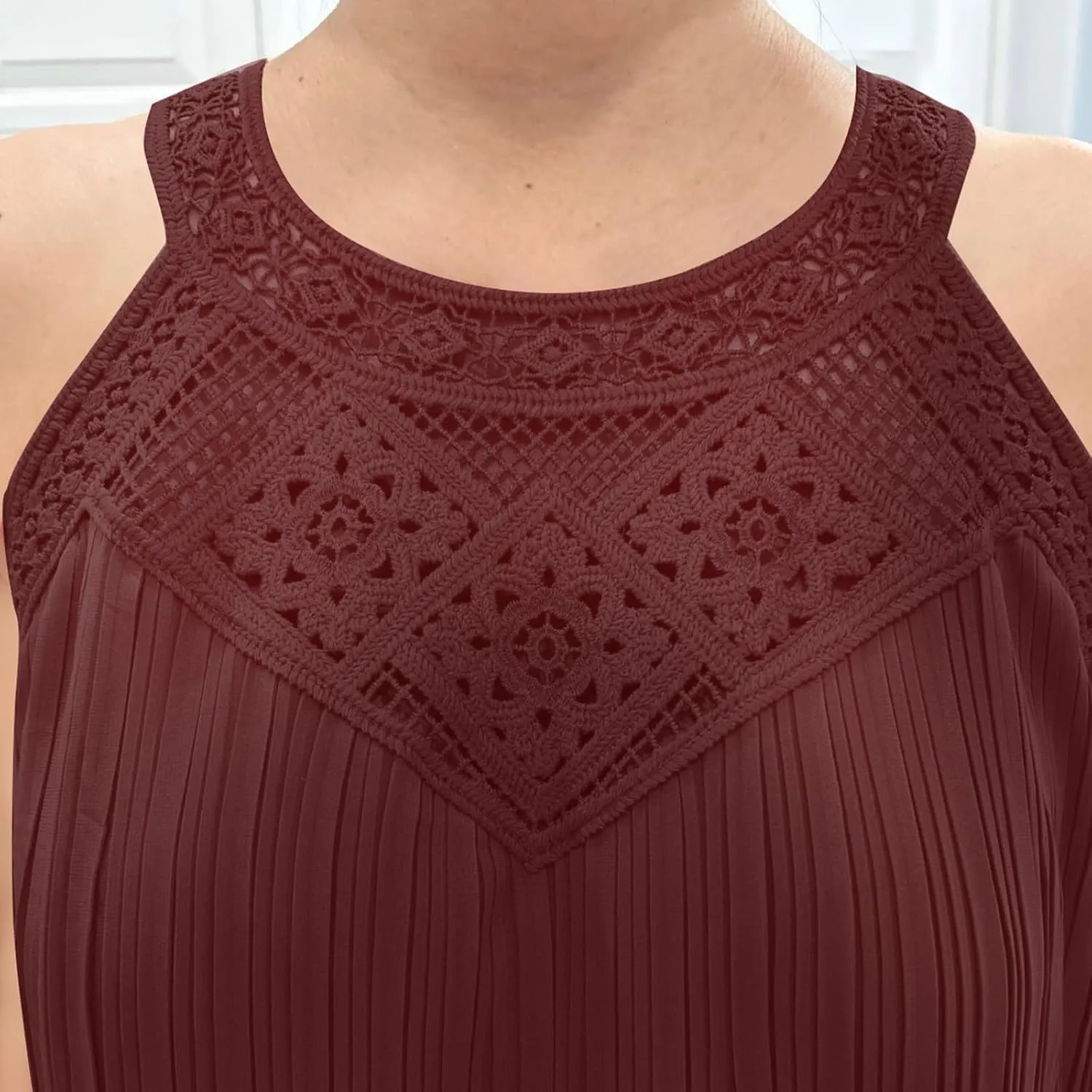 Boho Dresses for Women 2025 Summer Lace Crochet Halter Neck Dress Flowy Pleated Sundress Sleeveless Tank Mini Dress