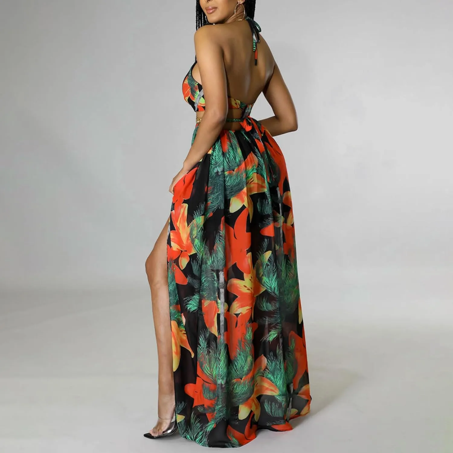 Boho Dresses for Women Summer Vacation Floral Halter Neck Tie Back Maxi Dress Split Beach Flowy Long Sundress