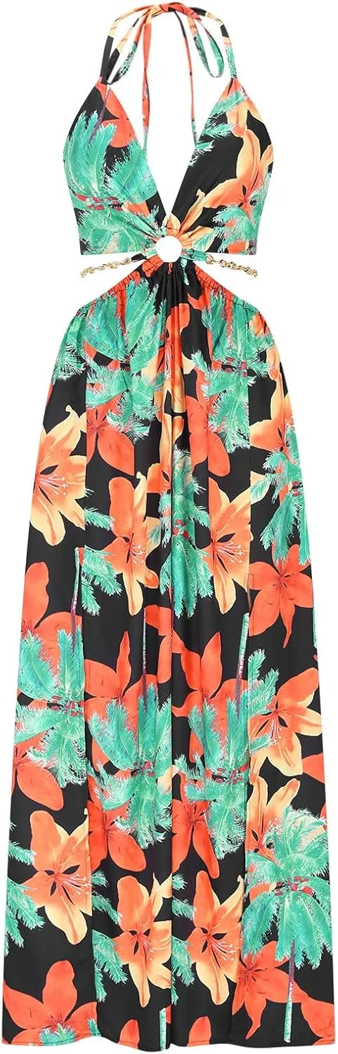 Boho Dresses for Women Summer Vacation Floral Halter Neck Tie Back Maxi Dress Split Beach Flowy Long Sundress