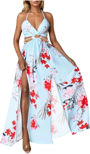 Boho Dresses for Women Summer Vacation Floral Halter Neck Tie Back Maxi Dress Split Beach Flowy Long Sundress