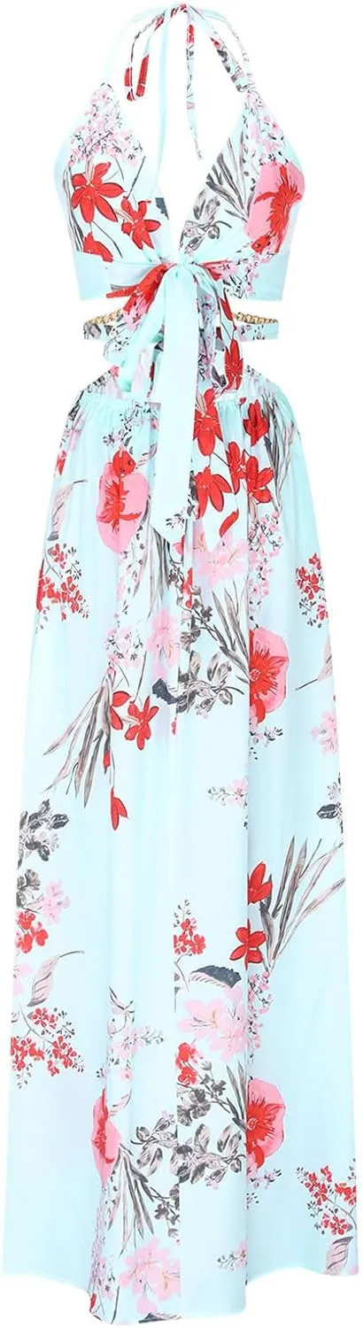 Boho Dresses for Women Summer Vacation Floral Halter Neck Tie Back Maxi Dress Split Beach Flowy Long Sundress