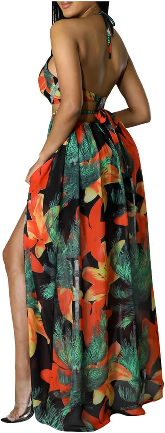 Boho Dresses for Women Summer Vacation Floral Halter Neck Tie Back Maxi Dress Split Beach Flowy Long Sundress