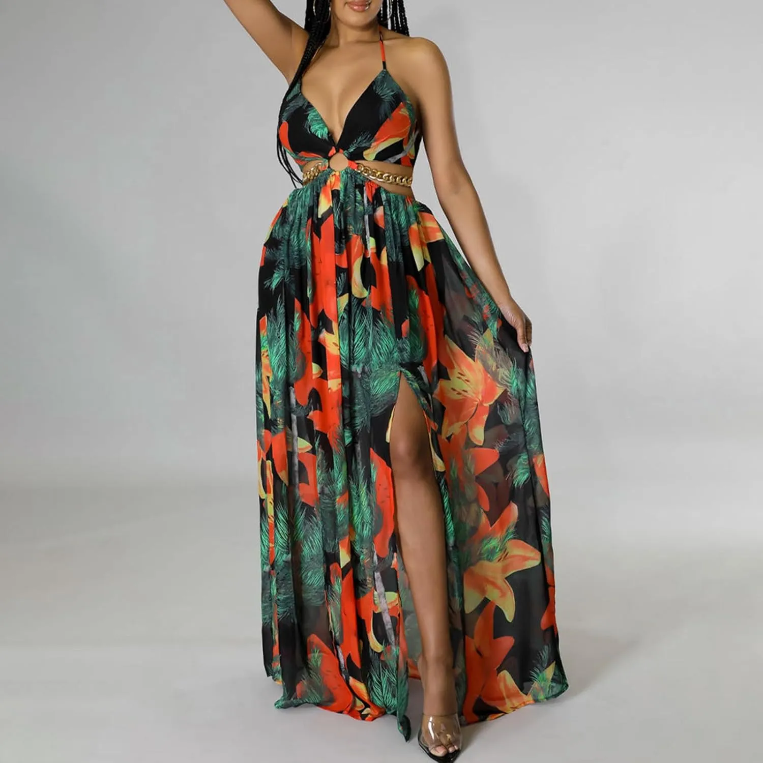 Boho Dresses for Women Summer Vacation Floral Halter Neck Tie Back Maxi Dress Split Beach Flowy Long Sundress