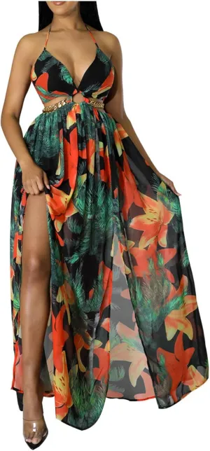 Boho Dresses for Women Summer Vacation Floral Halter Neck Tie Back Maxi Dress Split Beach Flowy Long Sundress