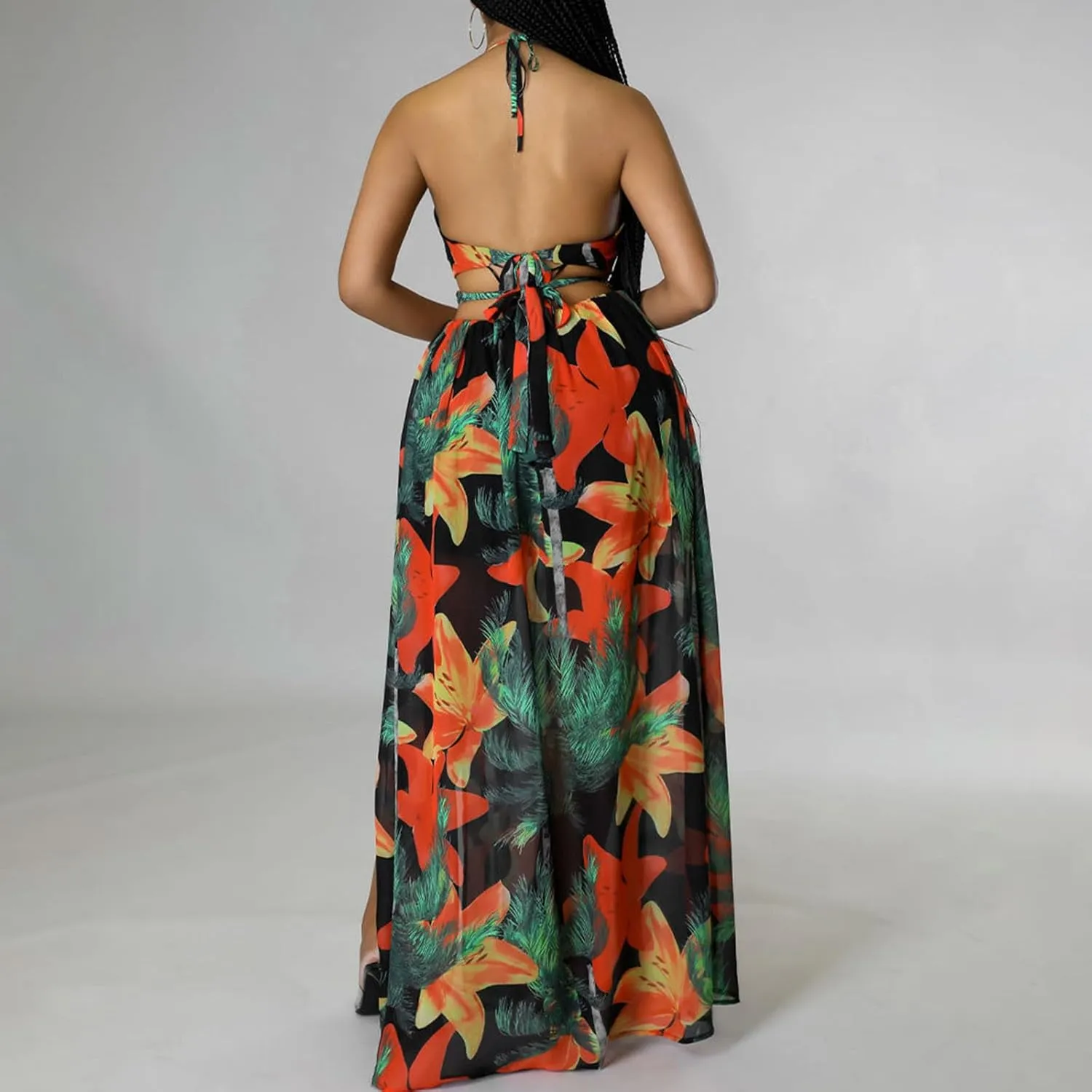 Boho Dresses for Women Summer Vacation Floral Halter Neck Tie Back Maxi Dress Split Beach Flowy Long Sundress